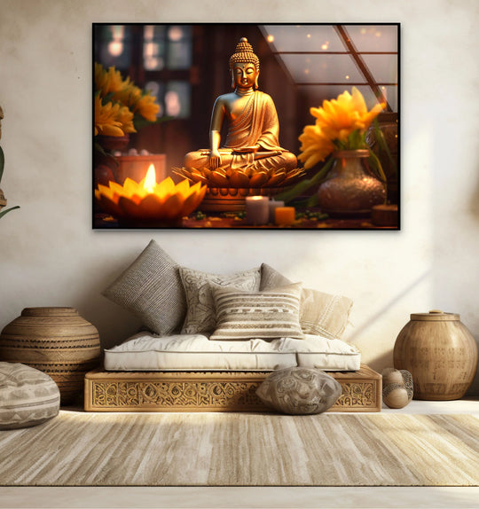 Angles and curves intersect in this golden Buddha serenity wall art, a peaceful, candlelit meditation scene captured in glass wall artwork, framed with strong rectangular lines.