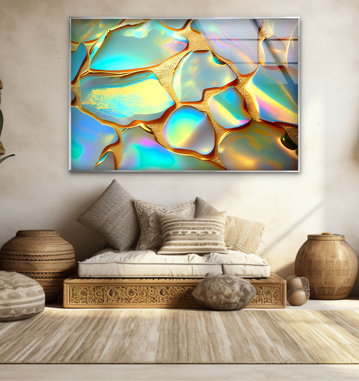 Iridescent Abstract Wall Art – Gold and Rainbow Glass Print Design