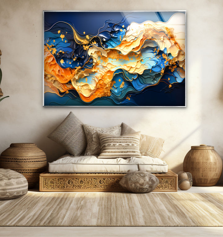 Blue Gold Abstract Wave Wall Art – Modern Fluid Glass Print for Interior Elegance