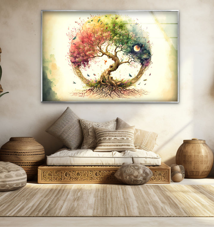 Regenbogen-Baum des Lebens Wandkunst – Wunderliches Aquarell-Glasdruck-Design