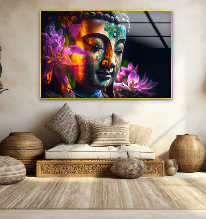 Colorful Buddha Wall Art – Floral Enlightenment Glass Print