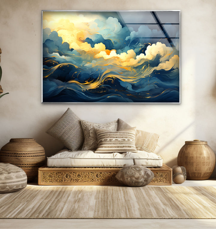 Goldener Himmel &amp; Meereswellen Wandkunst – Abstrakter Glasdruck von Dreamy Horizon 