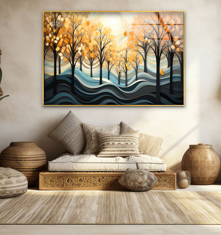 Golden Forest Glass Wall Art – Autumn Trees Abstract Landscape Decor