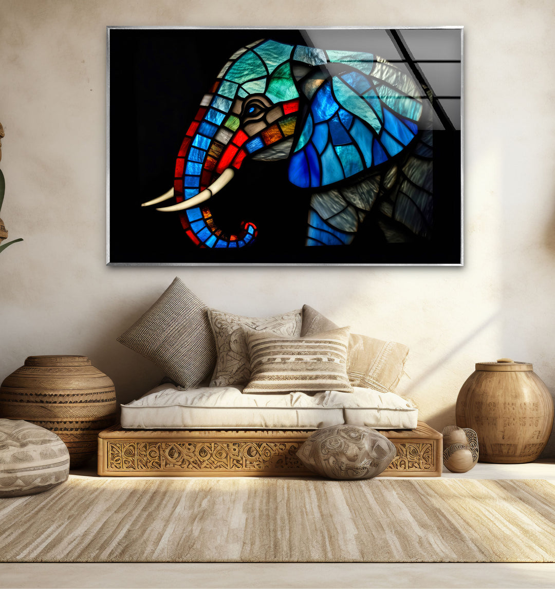 Blaue Elefanten-Wandkunst aus Buntglas – Farbenfrohes Tier-Glasdruck-Design