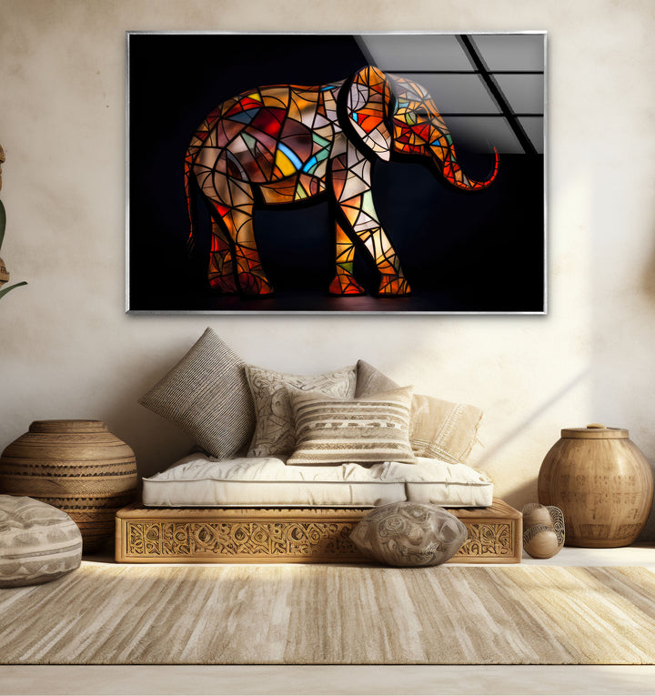Stained Glass Elephant Wall Art – Colorful Animal Glass Print for Modern Decor