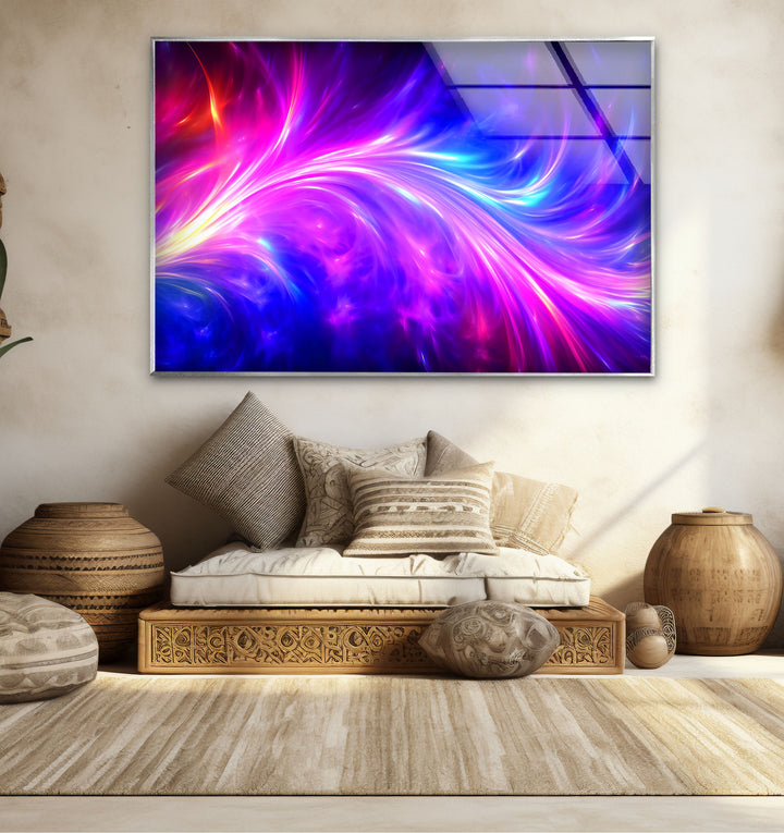 Wandkunst mit kosmischer Energie – Lebendiger abstrakter Glasdruck mit Neonwirbel 