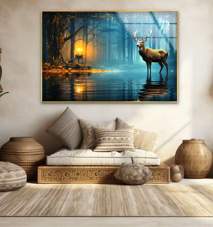 Mystische Wald Hirsch Wandkunst – Verzauberte Natur Glasdruck Dekor