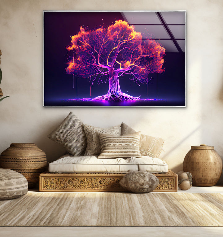 Neon Digital Tree Wandkunst – Futuristischer leuchtender Lichtnetzwerk-Glasdruck