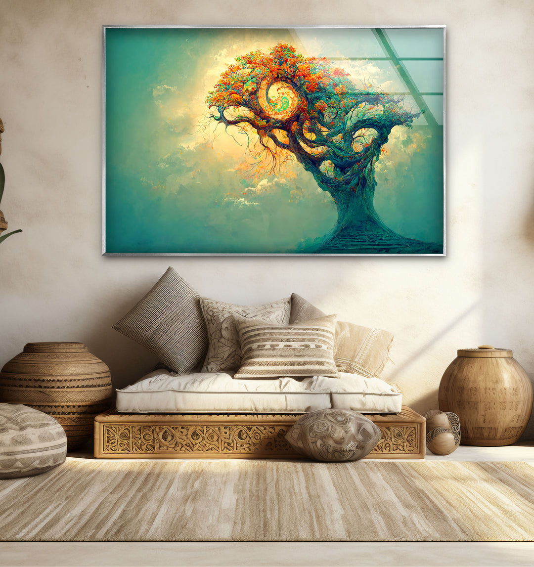 Spiralbaum-Wandkunst – Mystisches Fantasy-Lebensbaum-Glasdruck-Design