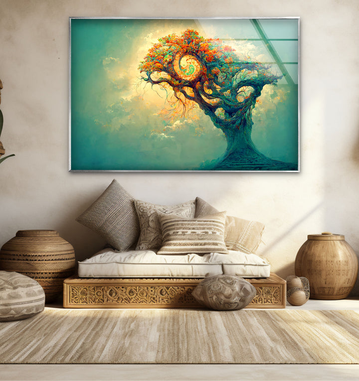 Spiralbaum-Wandkunst – Mystisches Fantasy-Lebensbaum-Glasdruck-Design