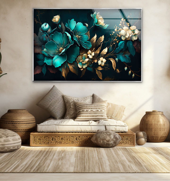 Blaugrüne und goldene florale Wandkunst – Luxuriöses botanisches Glasdruckdesign