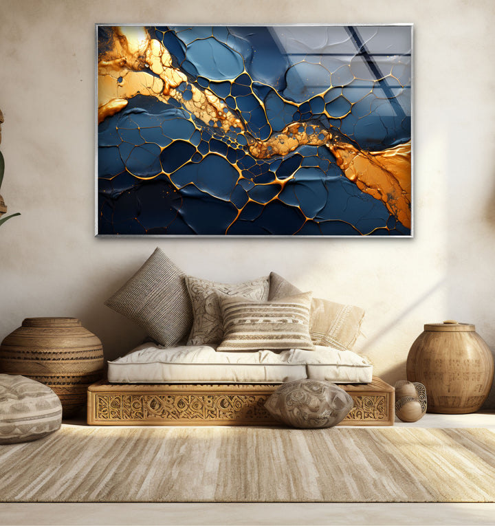 Dark Blue and Gold Abstract Wall Art – Cracked Fluid Glass Print Design