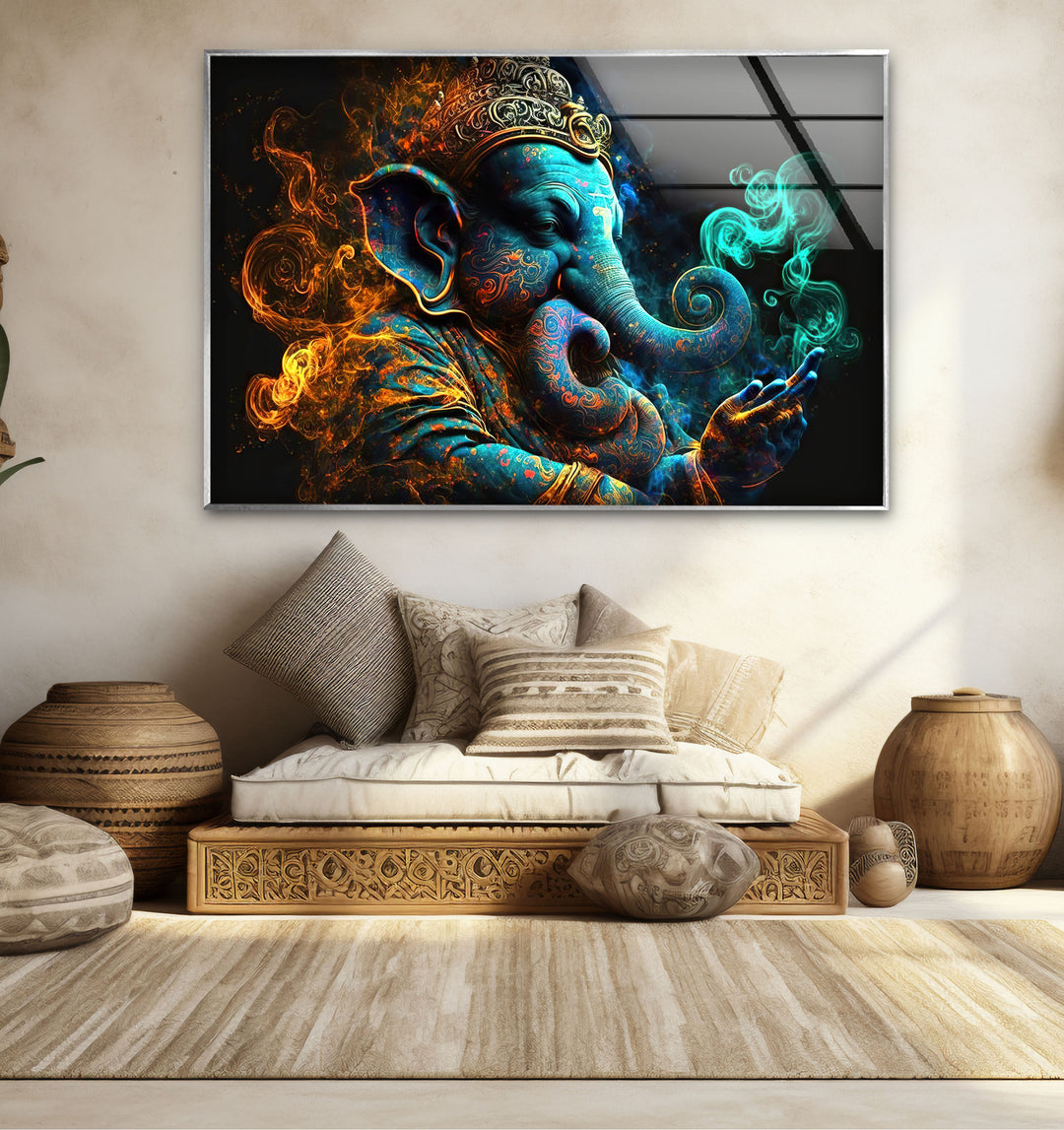 Spiritual Ganesha Wall Art – Vibrant Hindu Deity Glass Print Decor