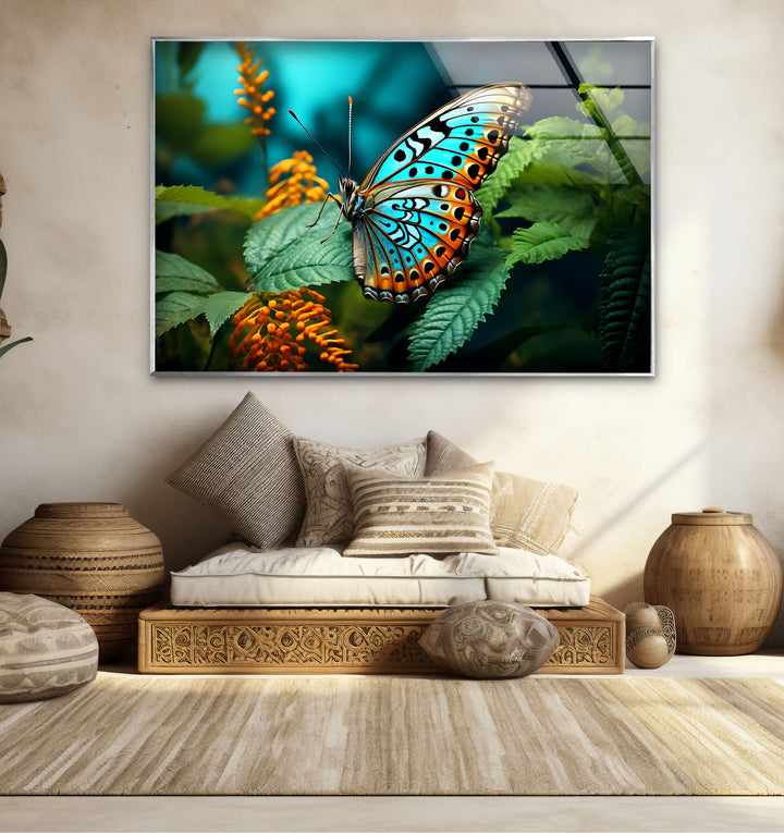 Blue Monarch Glaswandkunst – Lebendiger Schmetterling auf Blattdruck 