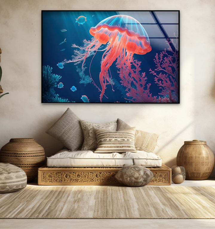 Neon Quallen Wandkunst – Unterwasser Ozean Szene Glas Druck Dekor
