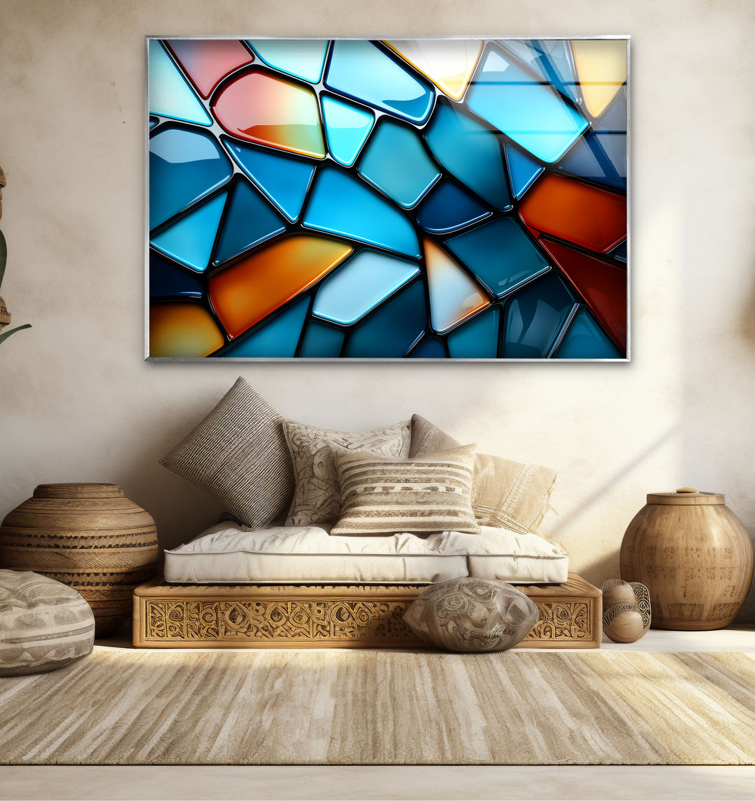 Moderne Wanddekoration aus Buntglas – Abstrakter Musterdruck in Blau und Rot 