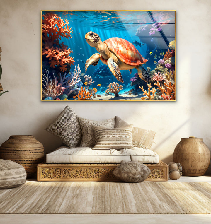 Sea Turtle Underwater Wall Art – Coral Reef Ocean Scene Glass Print
