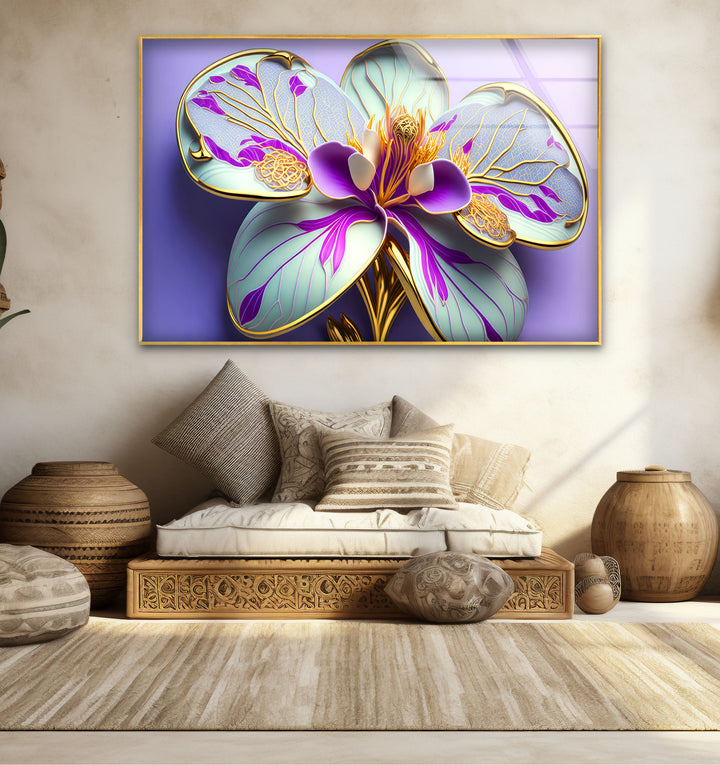 Luxuriöse Wandkunst mit Orchideenblüte – Lila- und Goldblumen-Glasdruck