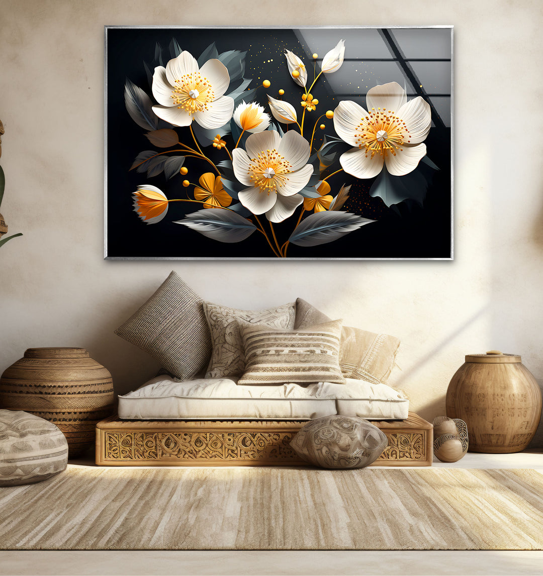 Elegant Bloom Glass Wall Art – White & Gold Floral Design