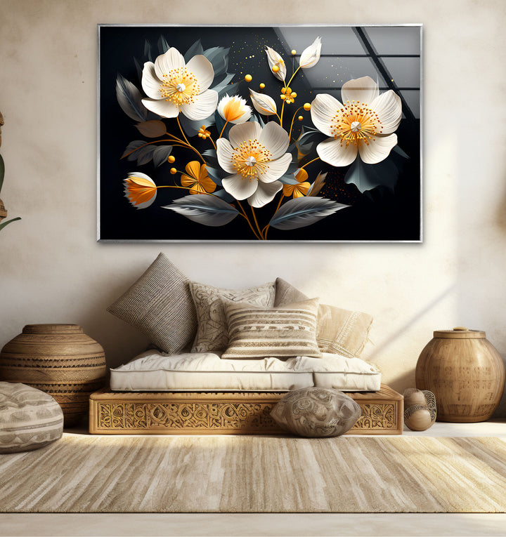 Elegant Bloom Glass Wall Art – White & Gold Floral Design