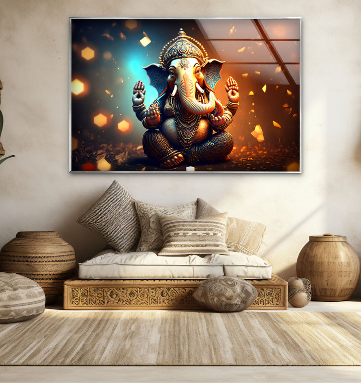 Golden Lord Ganesha Wall Art – Spiritual Glass Print for Sacred Decor