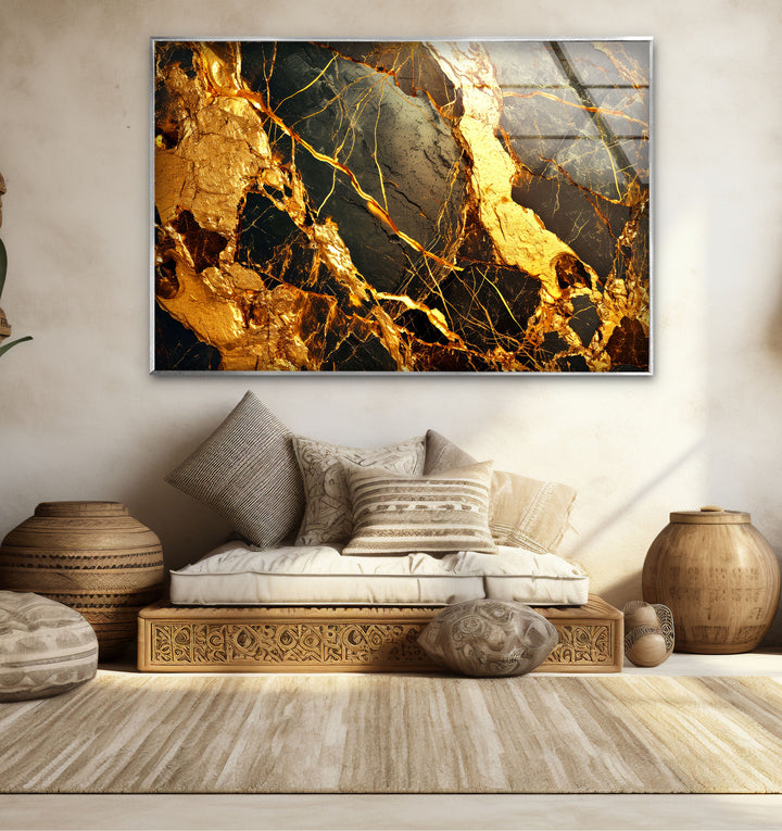 Gold Marble Abstract Wall Art – Luxury Black and Gold Glass Print Design