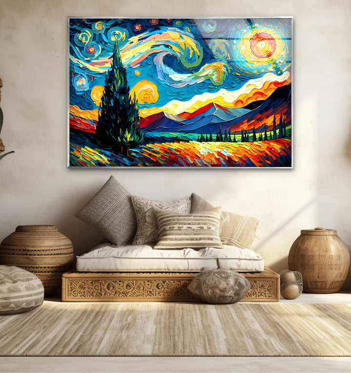 Sternennacht-Landschaftswandkunst – Van Gogh inspirierter bunter Glasdruck