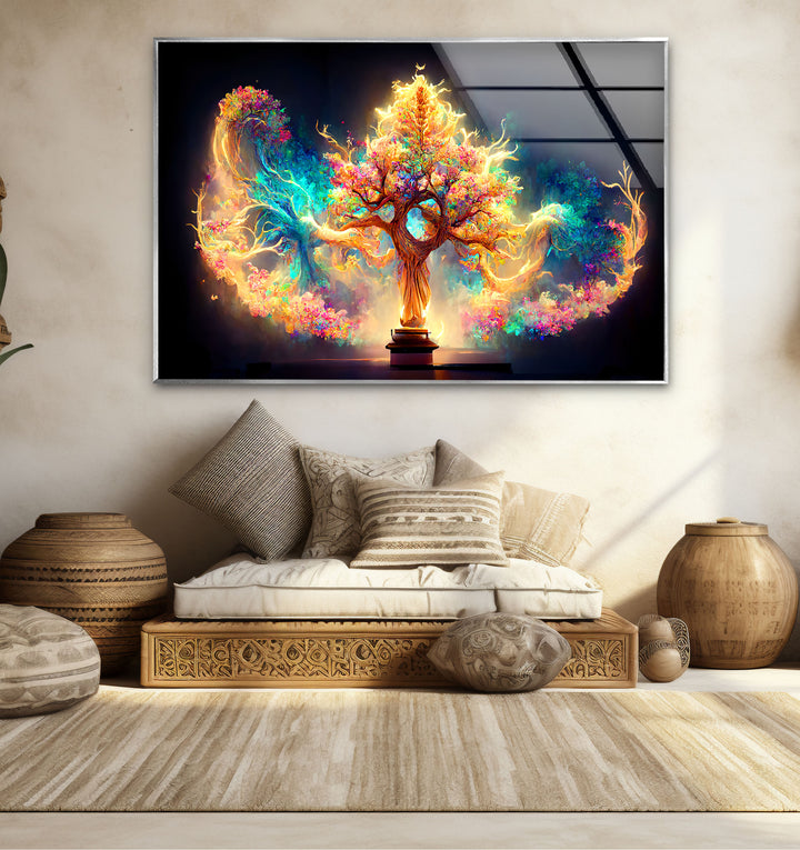 Fantasy-Baum des Lebens Wandkunst – Strahlendes, magisch leuchtendes Glasdruck-Design