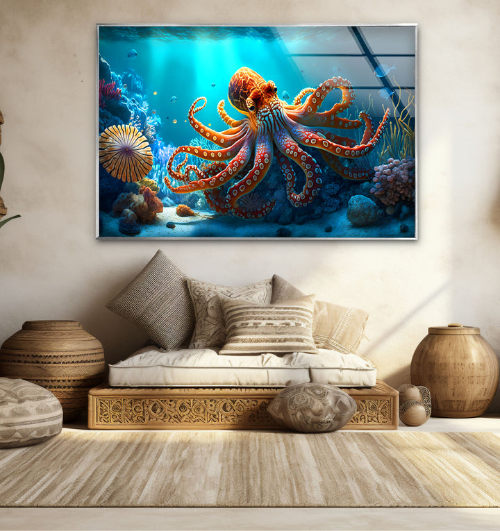 Octopus Underwater Wall Art – Vibrant Coral Reef Ocean Scene Glass Print