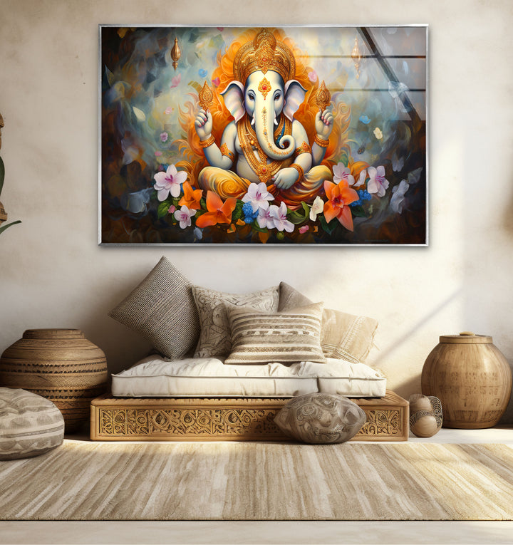 Sacred Ganesha Wall Art – Divine Floral Hindu Decor Glass Print