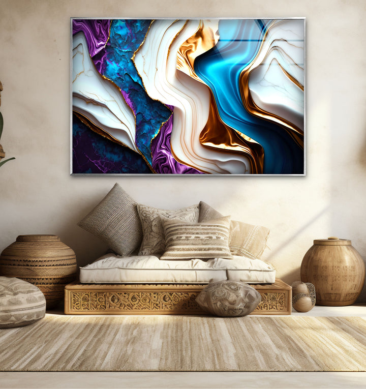 Colorful Marble Abstract Wall Art – Blue, Purple & Gold Glass Print Design