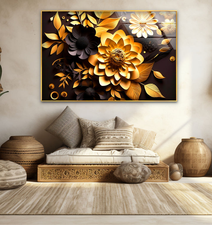 Golden Bloom Florale Wandkunst – Dekor aus gehärtetem Glas in Schwarz und Gold