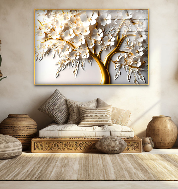 Golden Blossom Tree Wandkunst – Weißes Blumenglaskunstwerk für elegantes Dekor