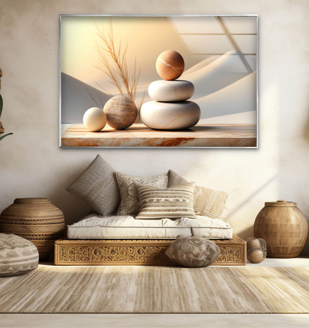 Zen Balance Glaswandkunst – Minimalistische Steinskulptur im Wüstenlicht 