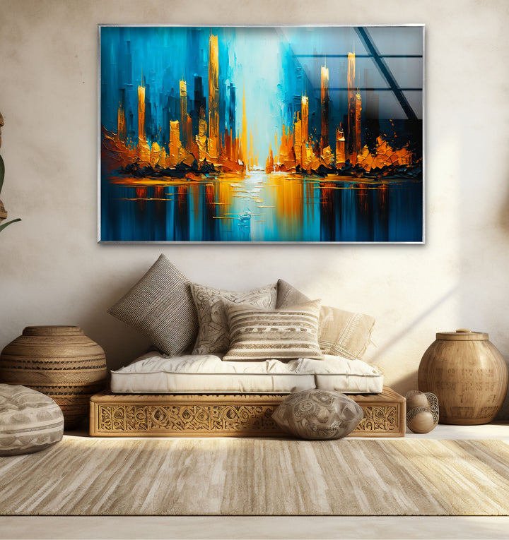 Blue and Gold Abstract City Wall Art – Vibrant Skyline Glass Print