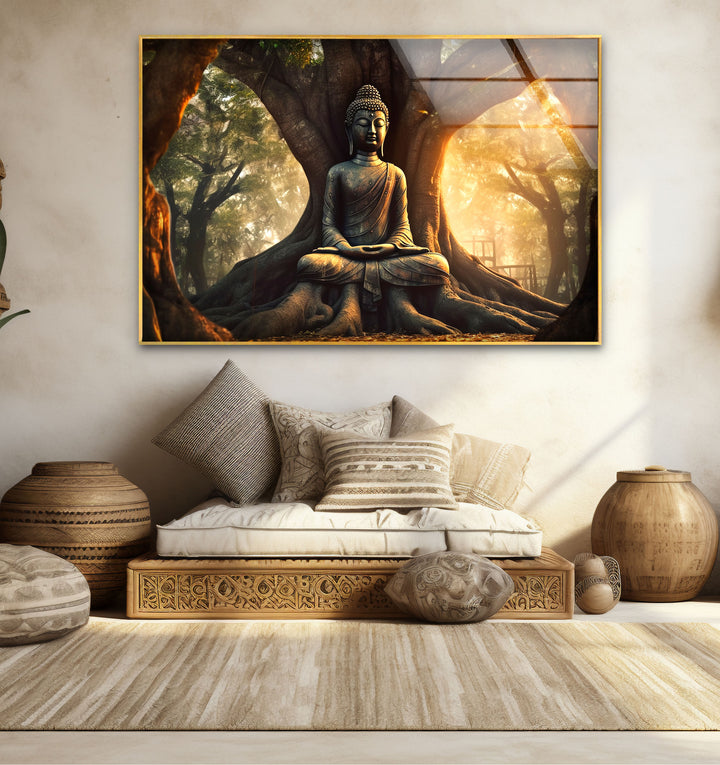 Buddha Under Tree Wall Art – Tranquil Sunrise Meditation Glass Print