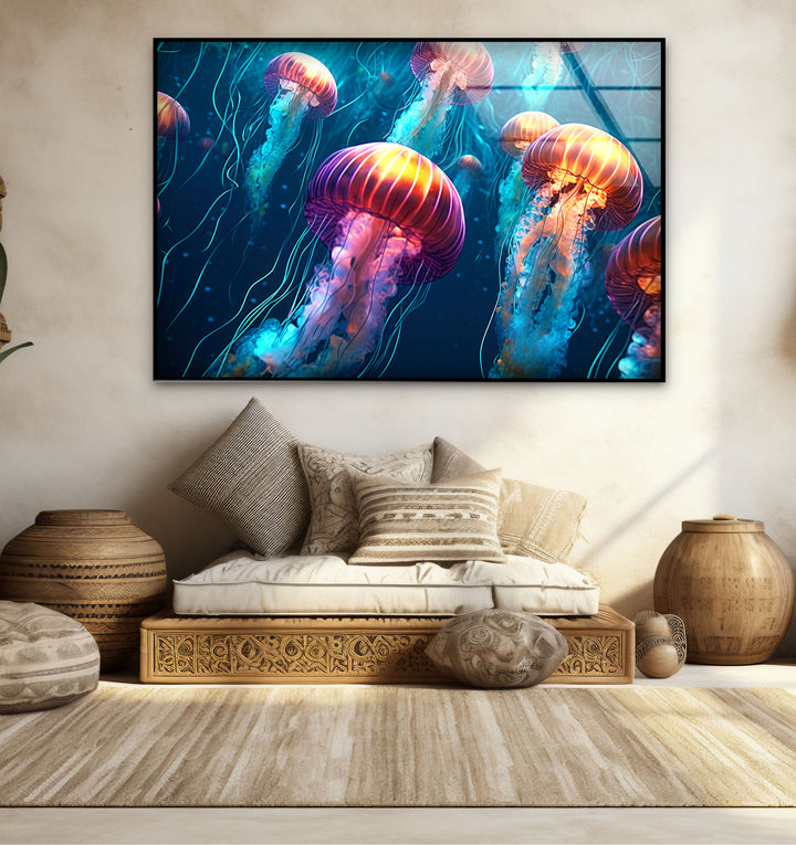 Leuchtende Quallen-Wandkunst – Unterwasser-Ozeanszene-Glasdruck