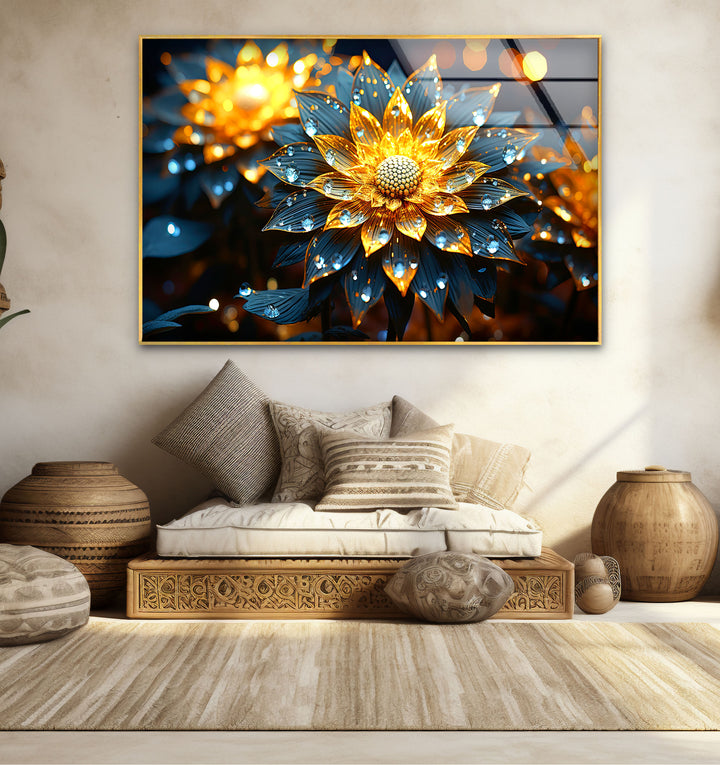 Golden Glow Floral Wall Art – Illuminated Flower Glass Print Design