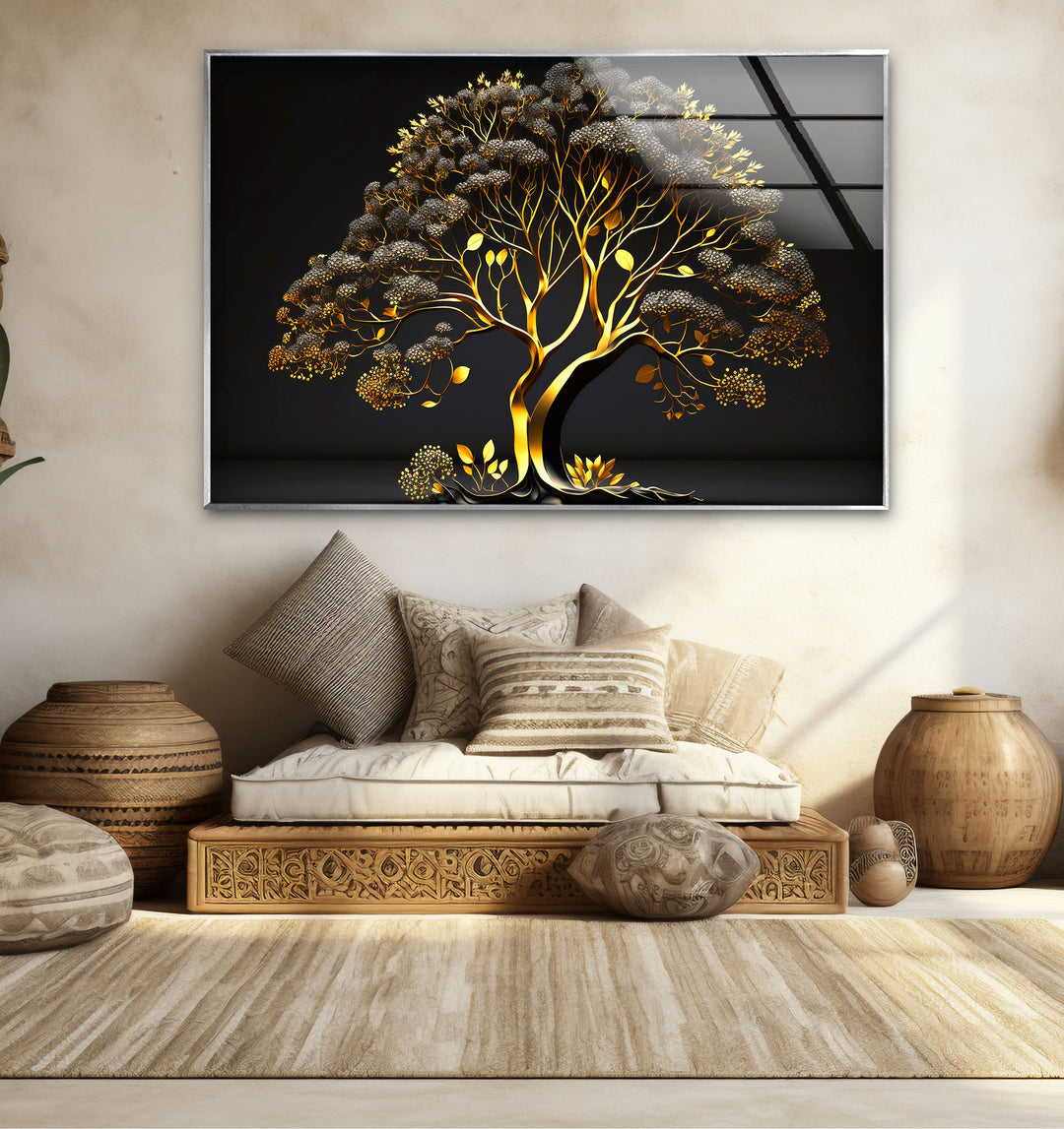 Golden Tree Wandkunst – Luxuriöses Gold- und Schwarz-Natur-Glasdruckdesign