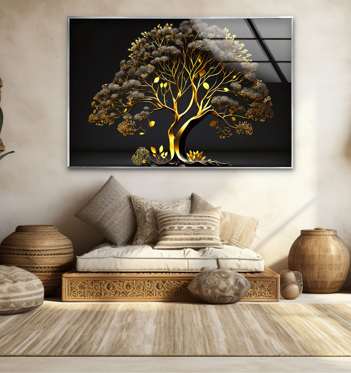 Golden Tree Wandkunst – Luxuriöses Gold- und Schwarz-Natur-Glasdruckdesign