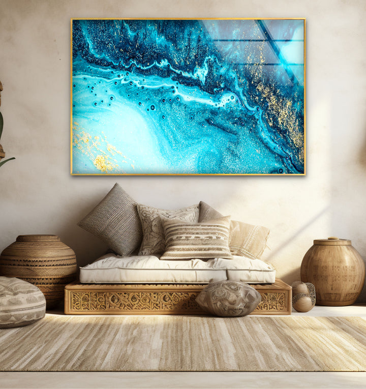 Blue and Gold Abstract Wall Art – Ocean-Inspired Glass Print Design