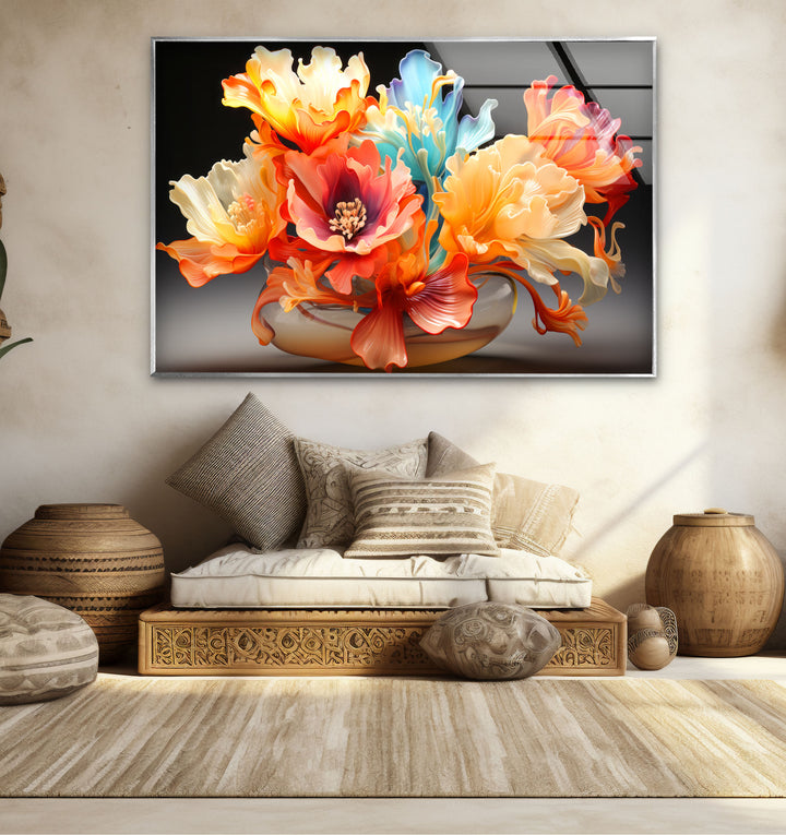 Color Bloom Glaswandkunst – Lebendiger floraler abstrakter Druck 