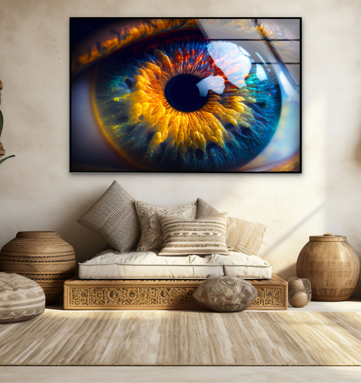 Feurige abstrakte Augen-Wandkunst – Lebendiges Iris-Glasdruck-Design