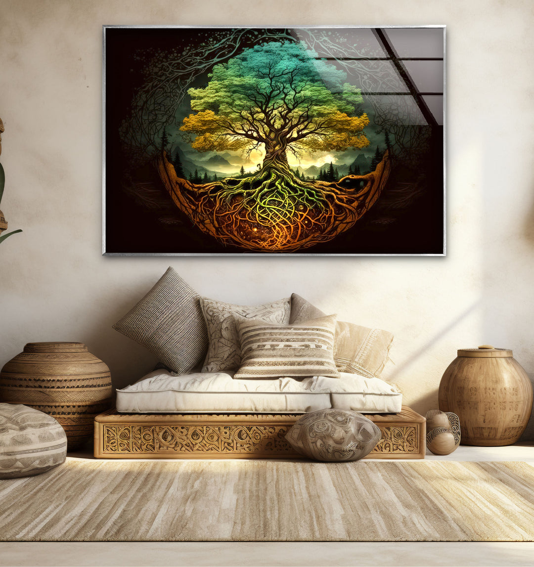 Wandkunst „Baum des Lebens“ – Lebendige Wurzeln und Waldenergie-Glasdruckdesign