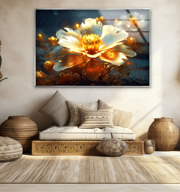 Golden Bloom Glass Wall Art – Luminous Abstract Flower Print