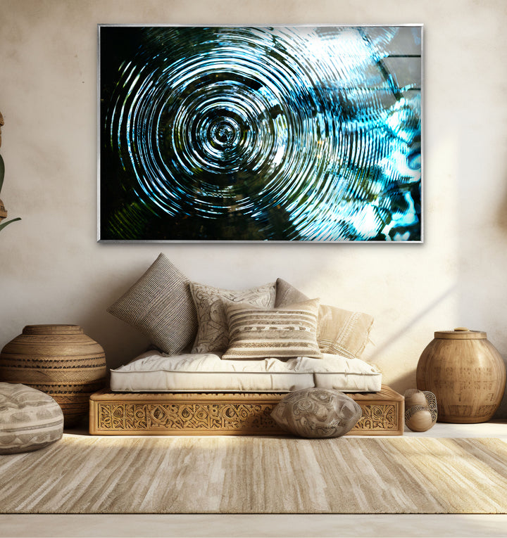 Water Ripple Abstract Wall Art – Blue Circular Wave Glass Print Design