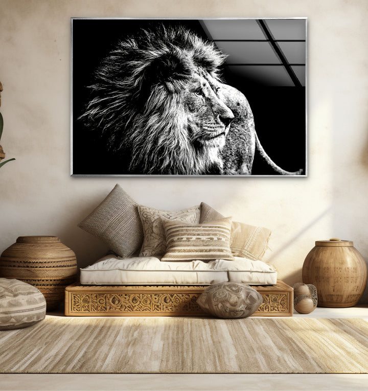 Black and White Lion Wall Art – Majestic Wildlife Glass Print Design