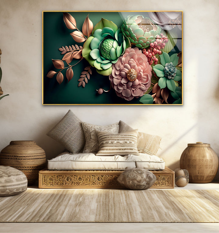 Grüne botanische Wandkunst – 3D-Blumendruck auf Glas mit goldenen und rötlichen Akzenten