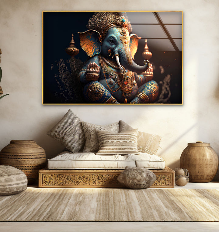 Royal Ganesha Wall Art – Luxurious Hindu Deity Glass Print Décor