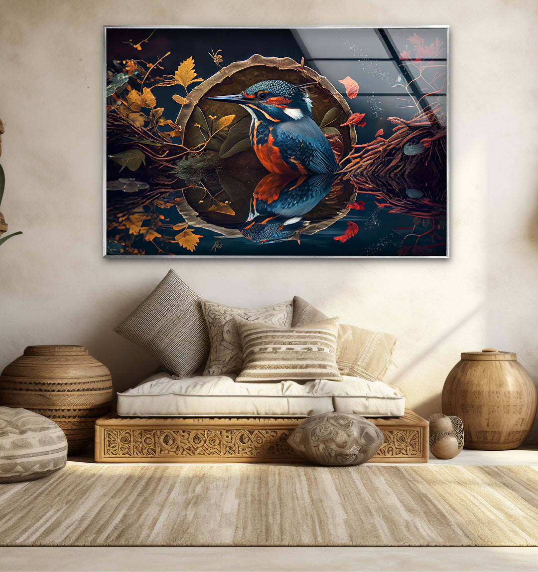 Eisvogel-Reflexion Wandkunst – Herbstwaldvogel-Glasdruck-Design